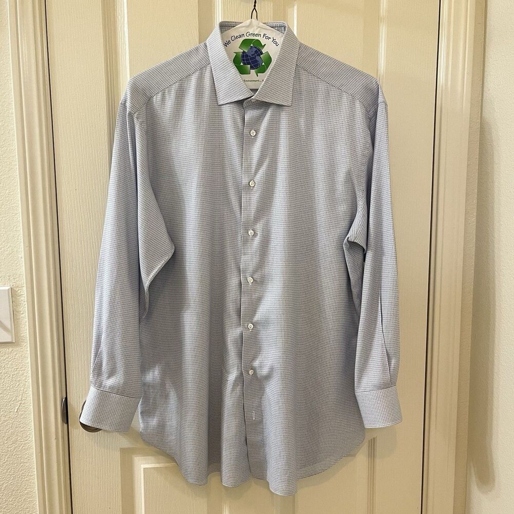 Brioni Blue Lightweight Cotton Check Button Down Collared Dress Shirt Men's L